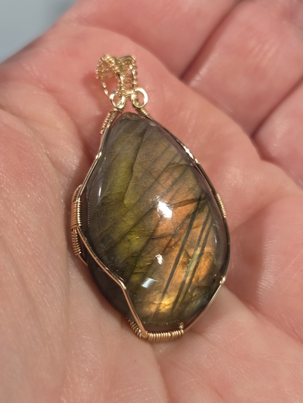 Genuine 1/20 14K Gold Wirewrapped Pendant With Unusual Golden Labradorite